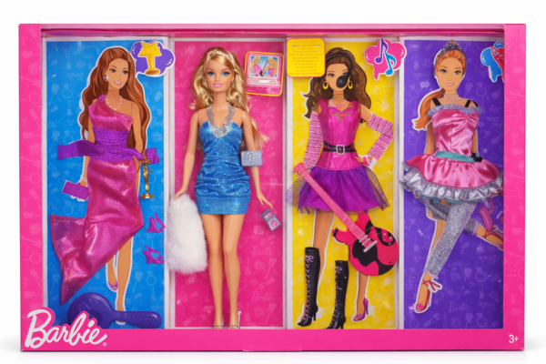 Barbie Yo Puedo ser con 4 atuendos profesionales: bailarina, estrella de rock, modelo y estrella de cine